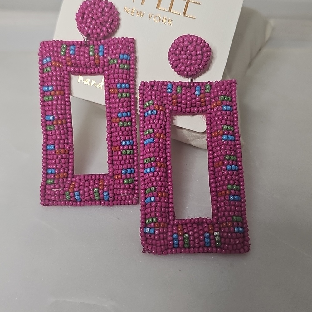Kaylee New York Hot Pink Beaded Rectangular Drop Earrings